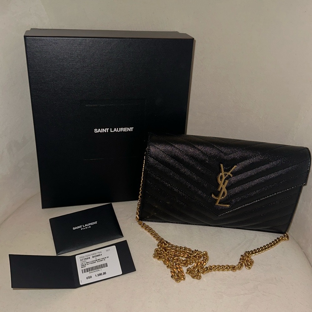 💖AUTHENTIC SAINT LAURENT YSL MONOGRAM BLACK GRAIN WALLET ON GOLD CHAIN HANDBAG